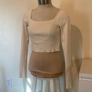 Cream Ribbed Long Sleeve Top